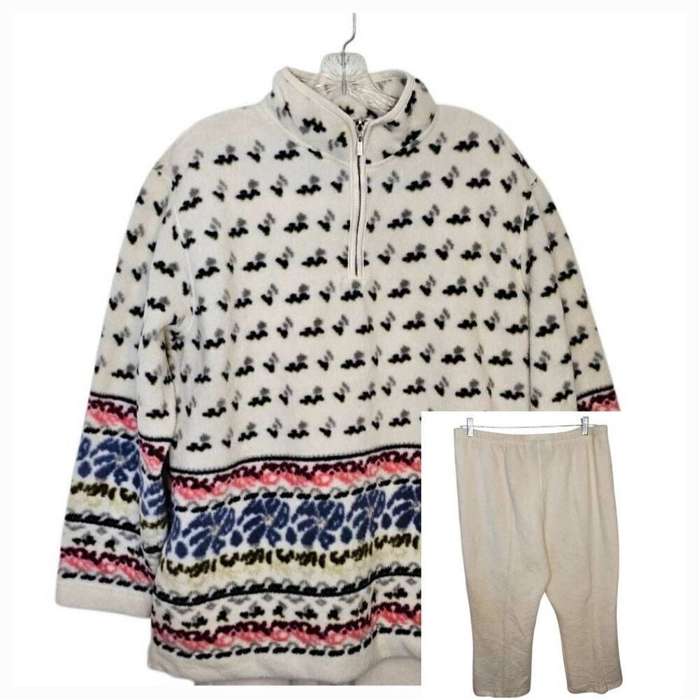 Vintage 80s Y2K Aztec Catalina Fleece Set Women's Off White Print 1/4 Zip Fleece